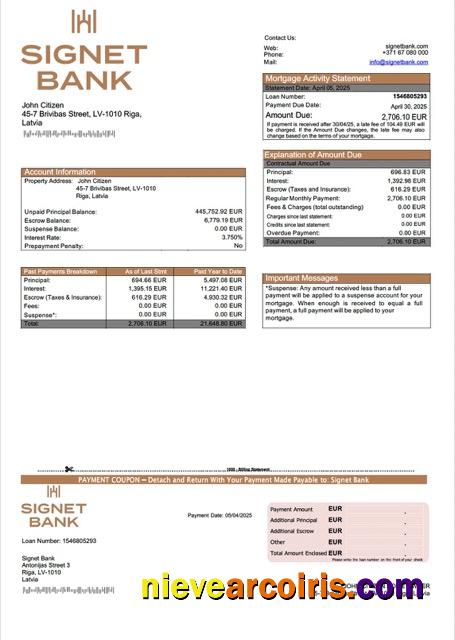 Latvia Signet Bank mortgage statement Word and PDF template